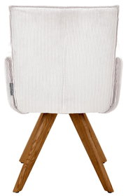 Rückansicht eines Armlehnstuhls mit gestreiftem Stoffbezug und Holzbeinen