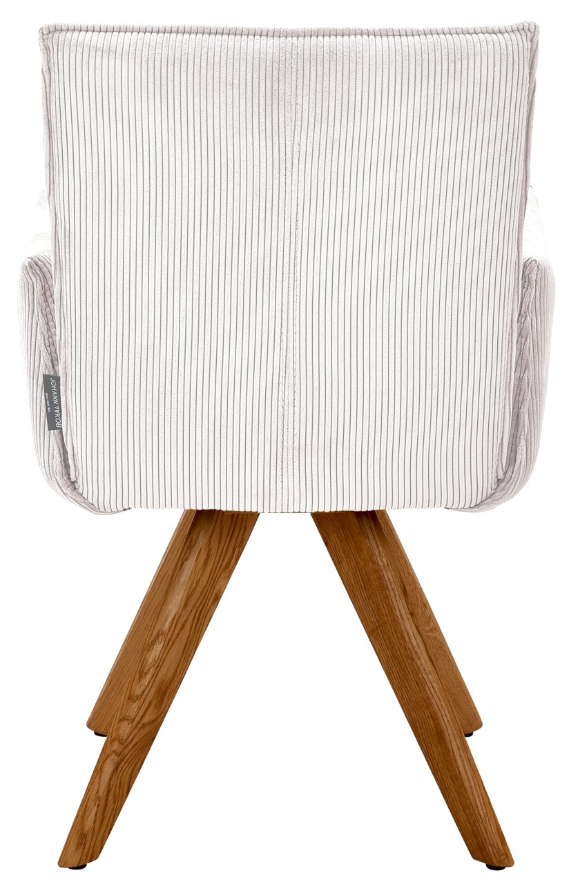 Johann Jakob Armlehnstuhl CALAS Rückansicht eines Armlehnstuhls mit gestreiftem Stoffbezug und Holzbeinen