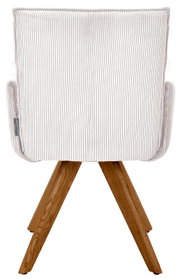 Achterkant van een fauteuil met gestreepte stoffen bekleding en houten poten