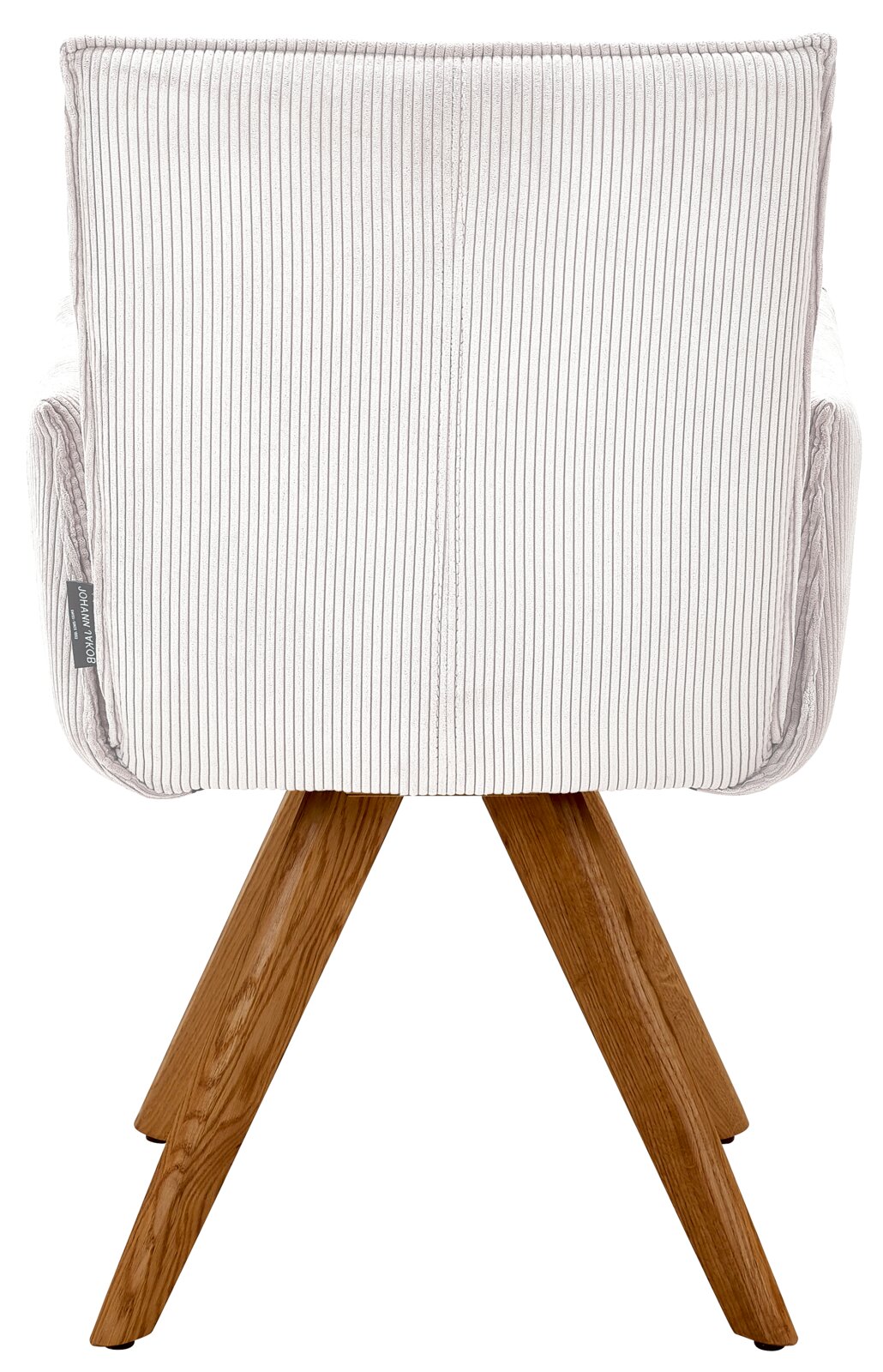 Achterkant van een fauteuil met gestreepte stoffen bekleding en houten poten