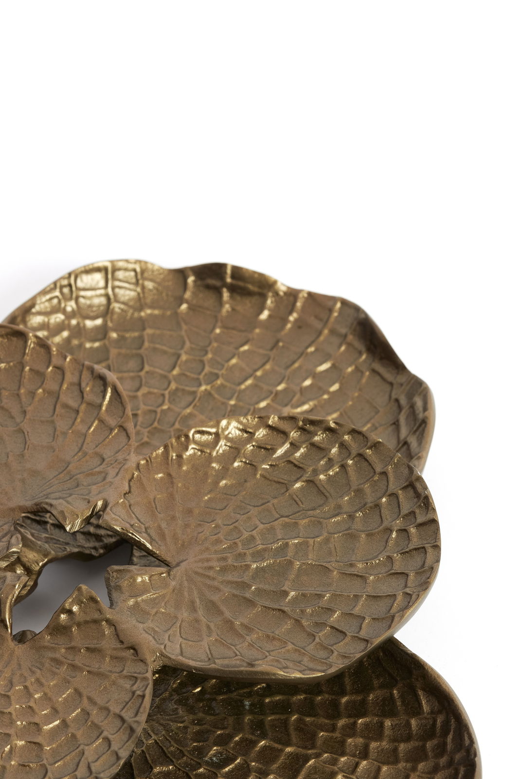 Nahaufnahme eines goldfarbenen Wandornaments mit strukturierter, blattähnlicher Oberfläche, von oben betrachtet.