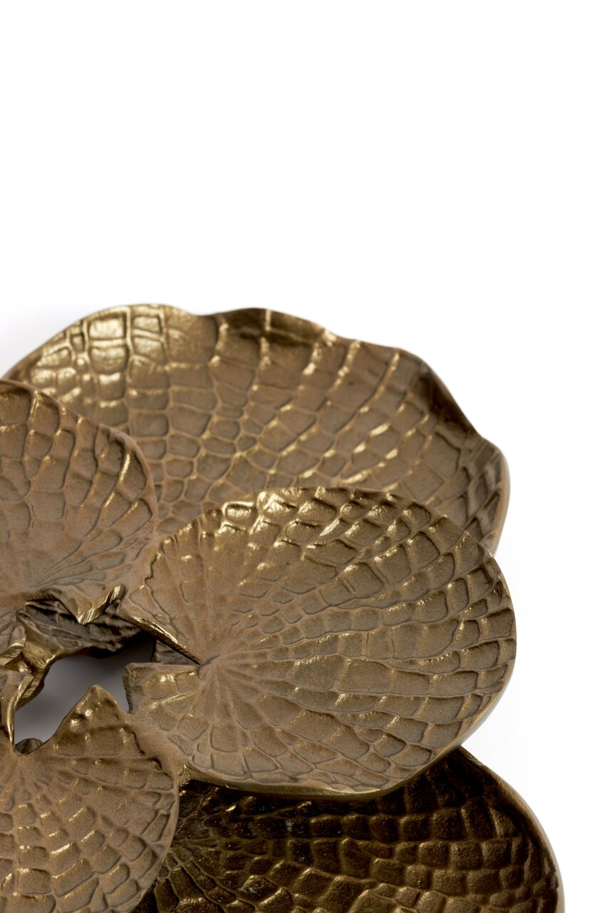 Light&Living Wandornament SOLASSI Nahaufnahme eines goldfarbenen Wandornaments mit strukturierter, blattähnlicher Oberfläche, von oben betrachtet.