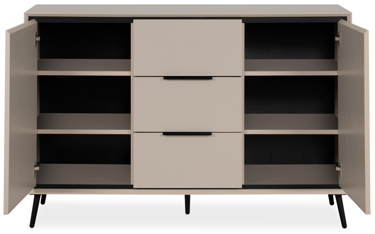 Modernes Sideboard mit zwei offenen Türen und zwei Schubladen, frontal betrachtet.
