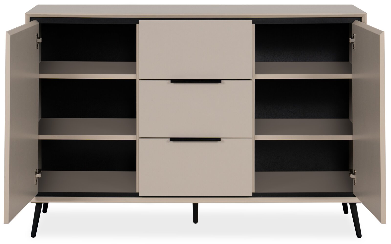 Modernes Sideboard mit zwei offenen Türen und zwei Schubladen, frontal betrachtet.