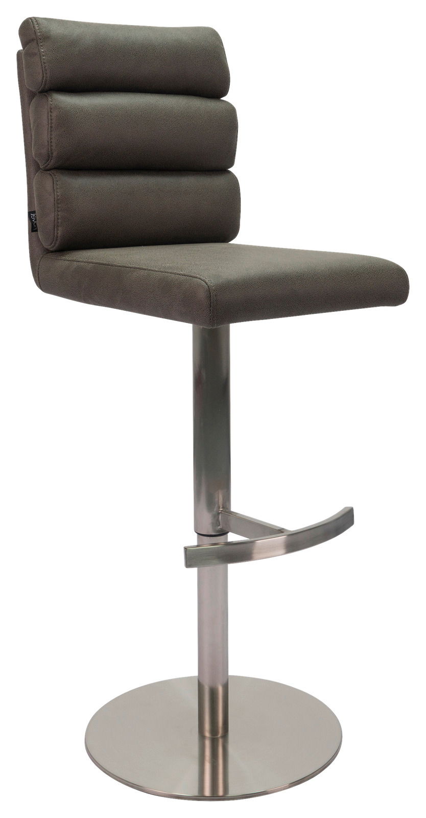 Novel Barhocker OSTIA Moderner Barhocker mit gepolsterter Rückenlehne und Sitzfläche in dunklem Stoff, verchromtem Standfuß und Fußstütze, seitliche Perspektive.