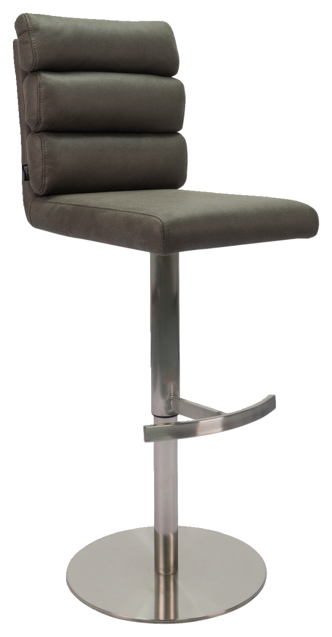 Novel Barhocker OSTIA Moderner Barhocker mit gepolsterter Rückenlehne und Sitzfläche in dunklem Stoff, verchromtem Standfuß und Fußstütze, seitliche Perspektive.