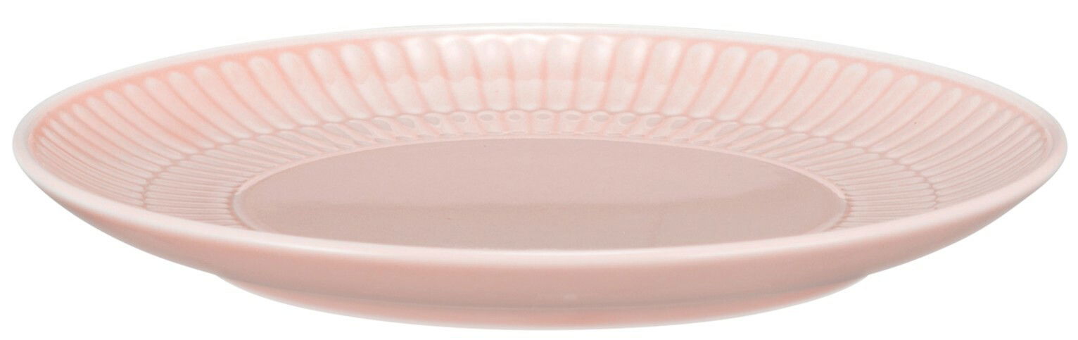 Runder Brotteller aus rosa Keramik mit geriffeltem Rand, seitliche Perspektive