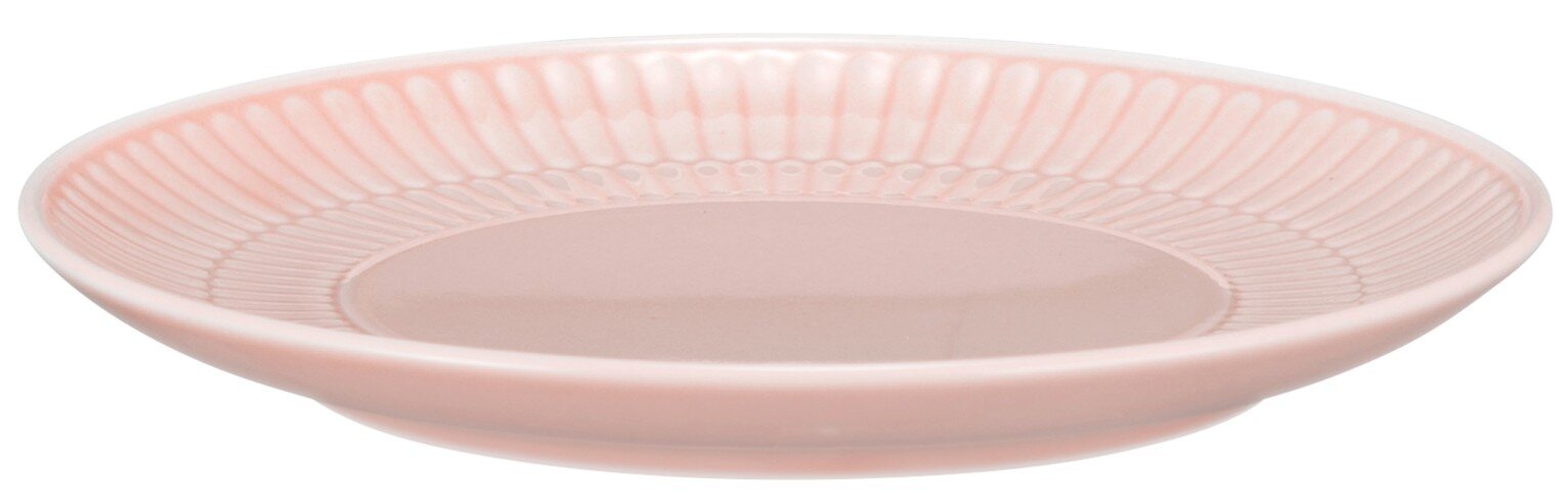 Runder Brotteller aus rosa Keramik mit geriffeltem Rand, seitliche Perspektive