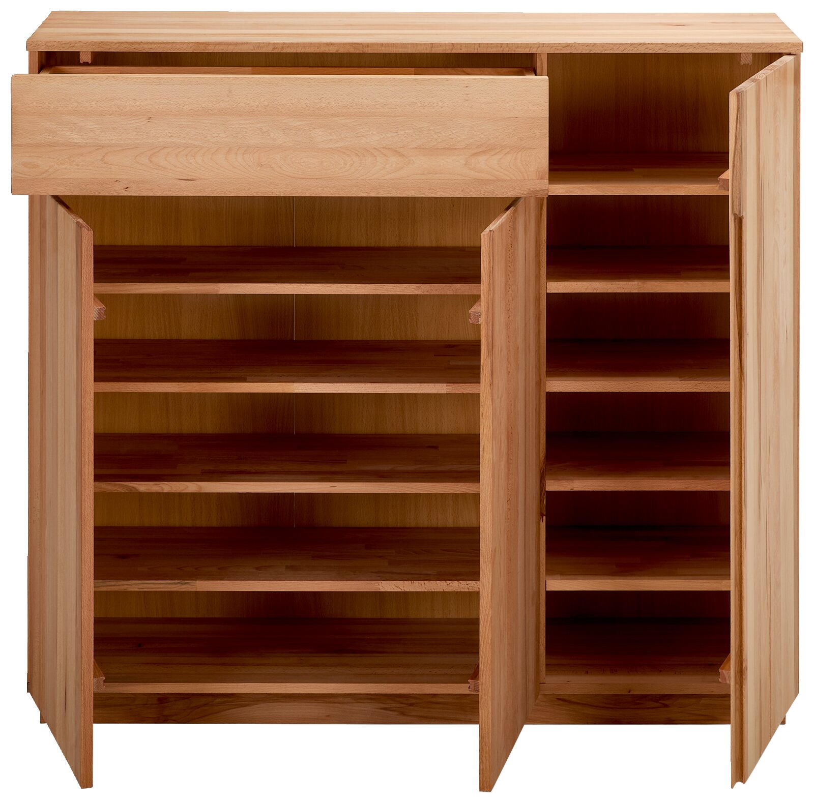 Houten opbergkast met twee openstaande deuren en een uitgetrokken lade, met meerdere legplanken, frontaal aanzicht
