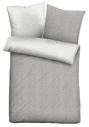 Graues Melange-Flanell-Bettwäsche-Set in der Größe 155x220cm, bestehend aus einem Kissenbezug und einem Bettdeckenbezug, aus der Vogelperspektive fotografiert.