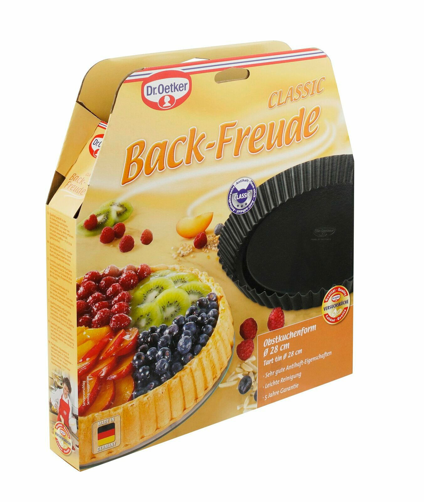 Verpackung der Dr. Oetker Obstkuchenform 28 cm, Vorderansicht mit Abbildung eines dekorierten Obstkuchens und der schwarzen Backform.