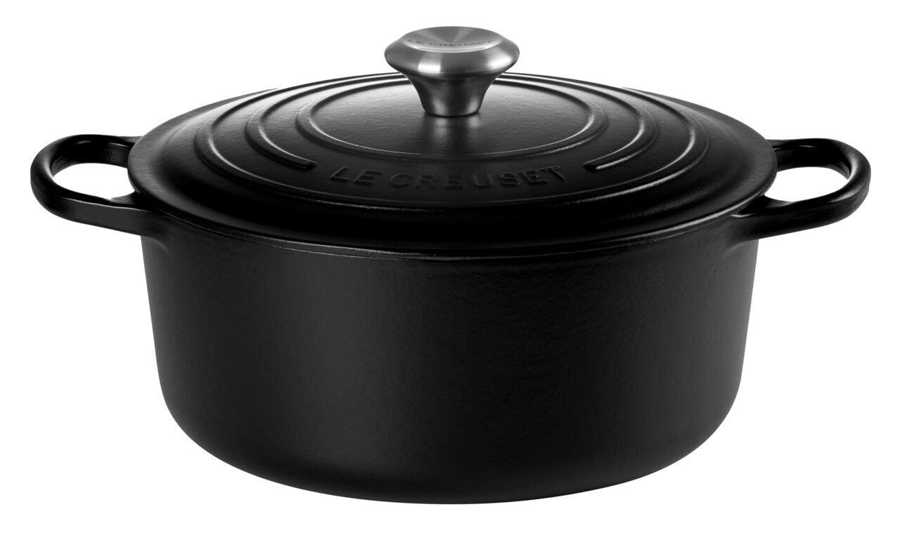 Zwarte ronde braadpan met deksel en handvatten, zijaanzicht