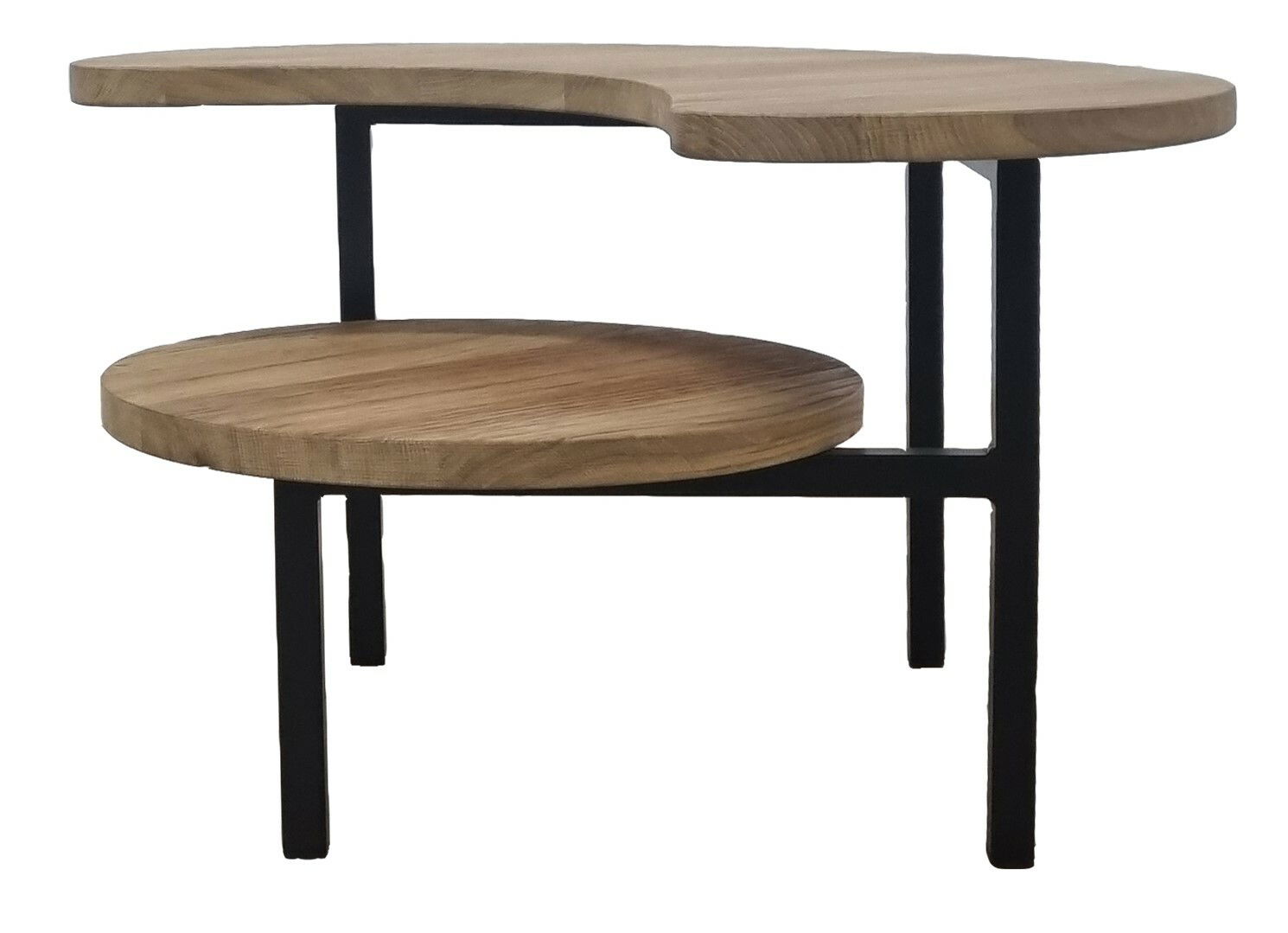 Moderner Couchtisch mit zwei runden Holzplatten und schwarzem Metallgestell, seitliche Perspektive.