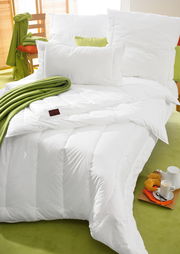 Vegan Dream Bettdecke in einem gemütlichen Schlafzimmer, mit grünen Akzenten und einem Frühstückstablett, aus der Vogelperspektive.