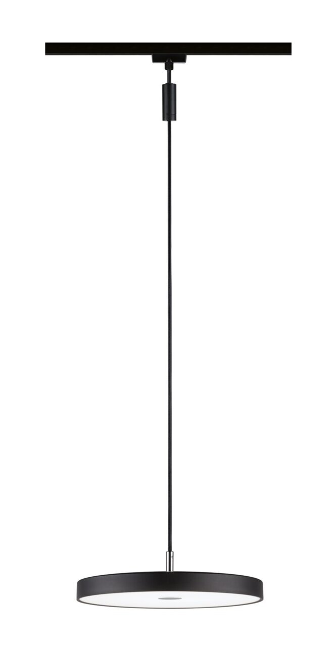 PAULMANN Schienenpendel Hildor URAIL Moderne schwarze Pendelleuchte mit rundem, flachem Schirm, von der Seite betrachtet.