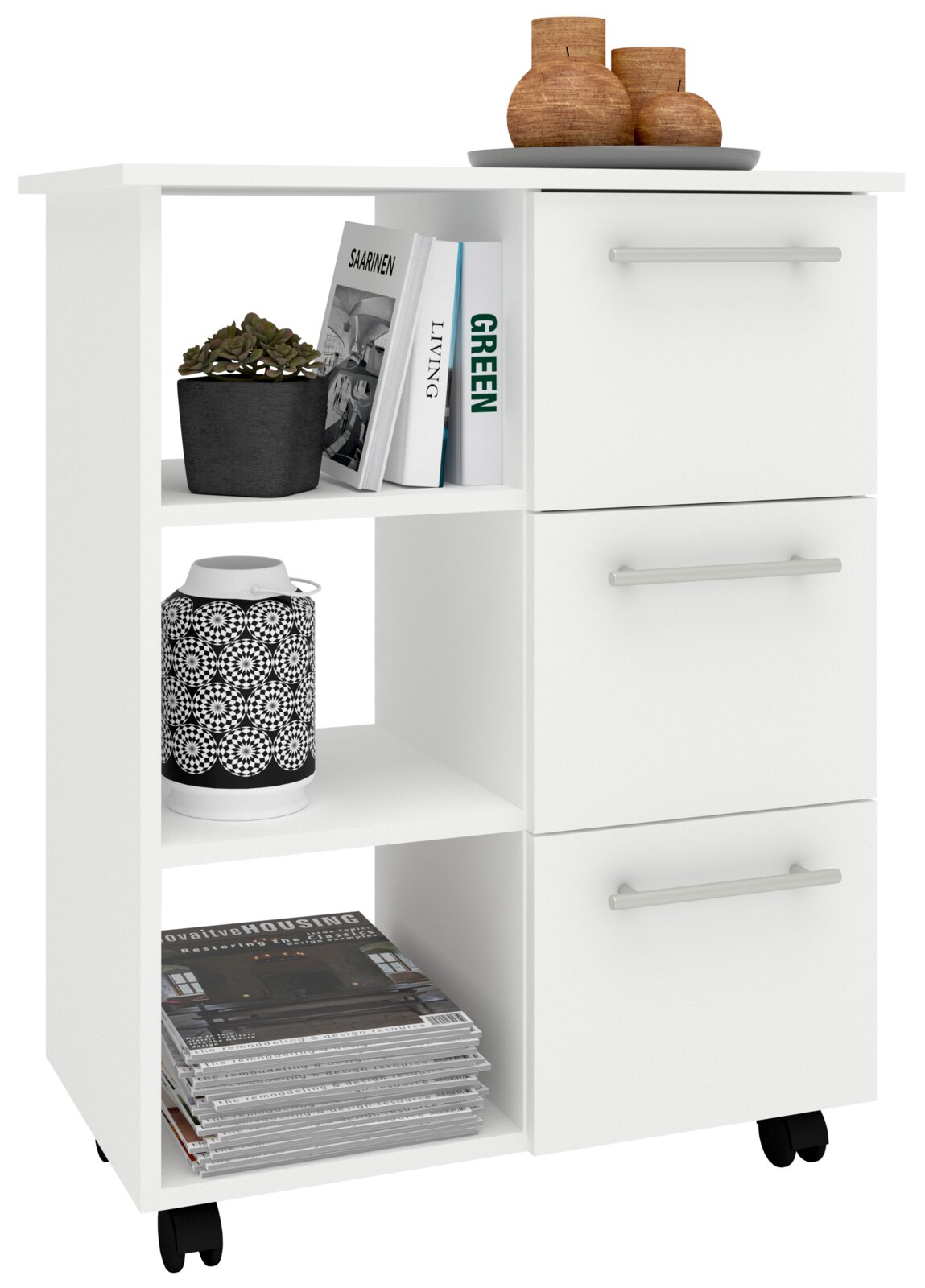Weißes Rollcontainer-Regal mit drei Schubladen und offenen Fächern, dekoriert mit Büchern, Pflanze und Vase, in Frontansicht mit leichter Schrägperspektive von links