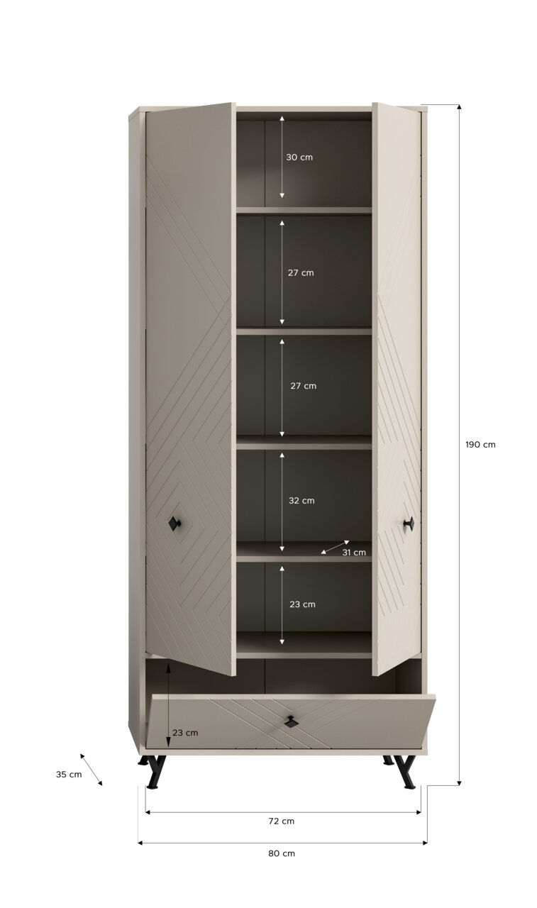 Garderobenschrank mit offenen Türen, zeigt mehrere Regalböden und eine Schublade, Perspektive von vorne.