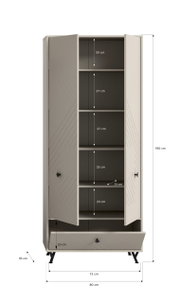 Garderobenschrank mit offenen Türen, zeigt mehrere Regalböden und eine Schublade, Perspektive von vorne.
