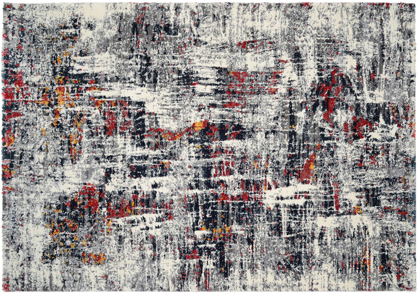 Moderner Designer-Teppich mit abstraktem Muster in Rot-, Grau- und Gelbtönen, Draufsicht