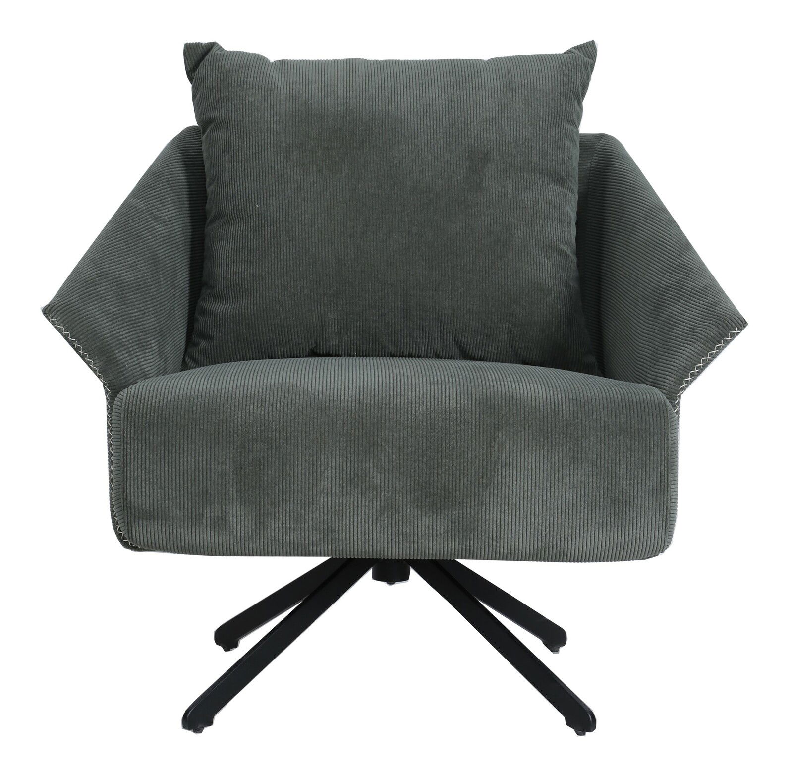 Moderner, grauer Sessel mit breiten Armlehnen und einem dicken Kissen, frontal fotografiert.