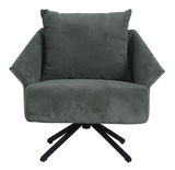 Moderner, grauer Sessel mit breiten Armlehnen und einem dicken Kissen, frontal fotografiert.