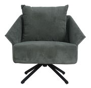 Moderner, grauer Sessel mit breiten Armlehnen und einem dicken Kissen, frontal fotografiert.