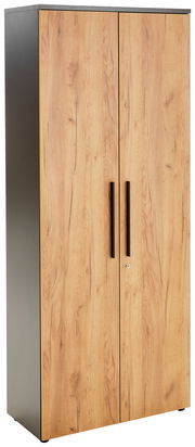 Aktenschrank mit Holzoptik und schwarzen Griffen, Frontalansicht