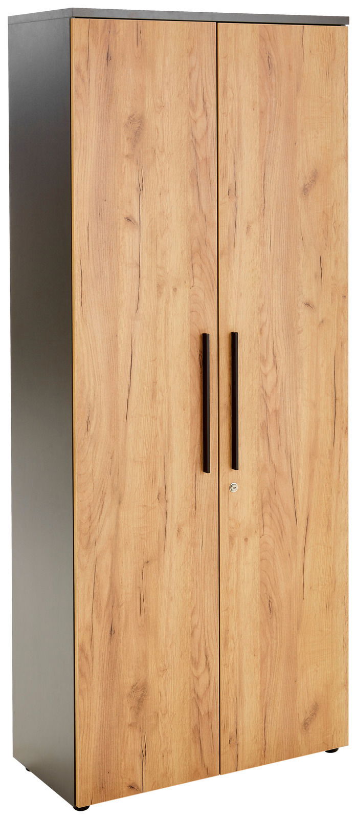 Aktenschrank mit Holzoptik und schwarzen Griffen, Frontalansicht