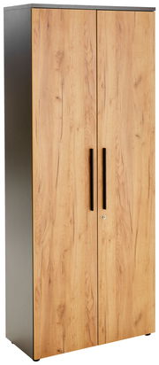 Aktenschrank mit Holzoptik und schwarzen Griffen, Frontalansicht