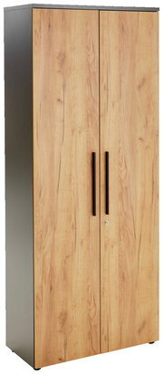 Aktenschrank mit Holzoptik und schwarzen Griffen, Frontalansicht