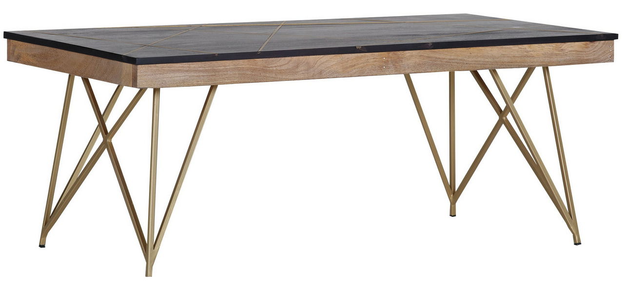 Moderner Couchtisch mit Holzplatte und geometrischen Metallbeinen, seitliche Perspektive