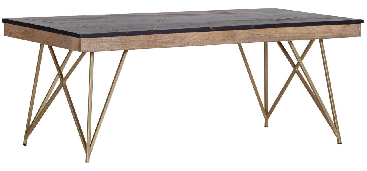 Moderner Couchtisch mit Holzplatte und geometrischen Metallbeinen, seitliche Perspektive