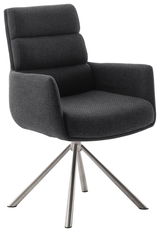 Moderner Armlehnstuhl mit dunkelgrauem Stoffbezug und Metallgestell, seitliche Perspektive