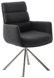 Moderner Armlehnstuhl mit dunkelgrauem Stoffbezug und Metallgestell, seitliche Perspektive