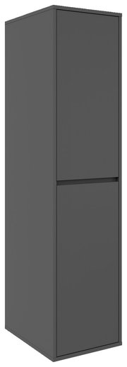 Grauer Hochschrank in schräger Perspektive mit zwei Türen.