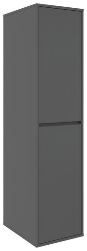 Grauer Hochschrank in schräger Perspektive mit zwei Türen.