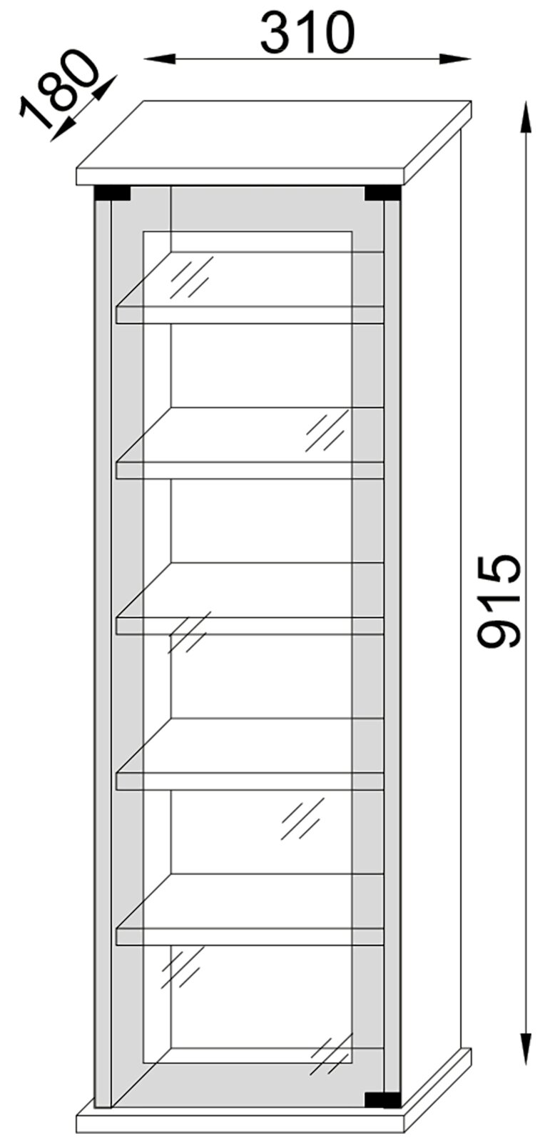 Technische Zeichnung einer schmalen Glasvitrine mit mehreren Glasböden, Maße ca. 310 x 180 x 915 mm, Ansicht in leichter Perspektive von vorn rechts.