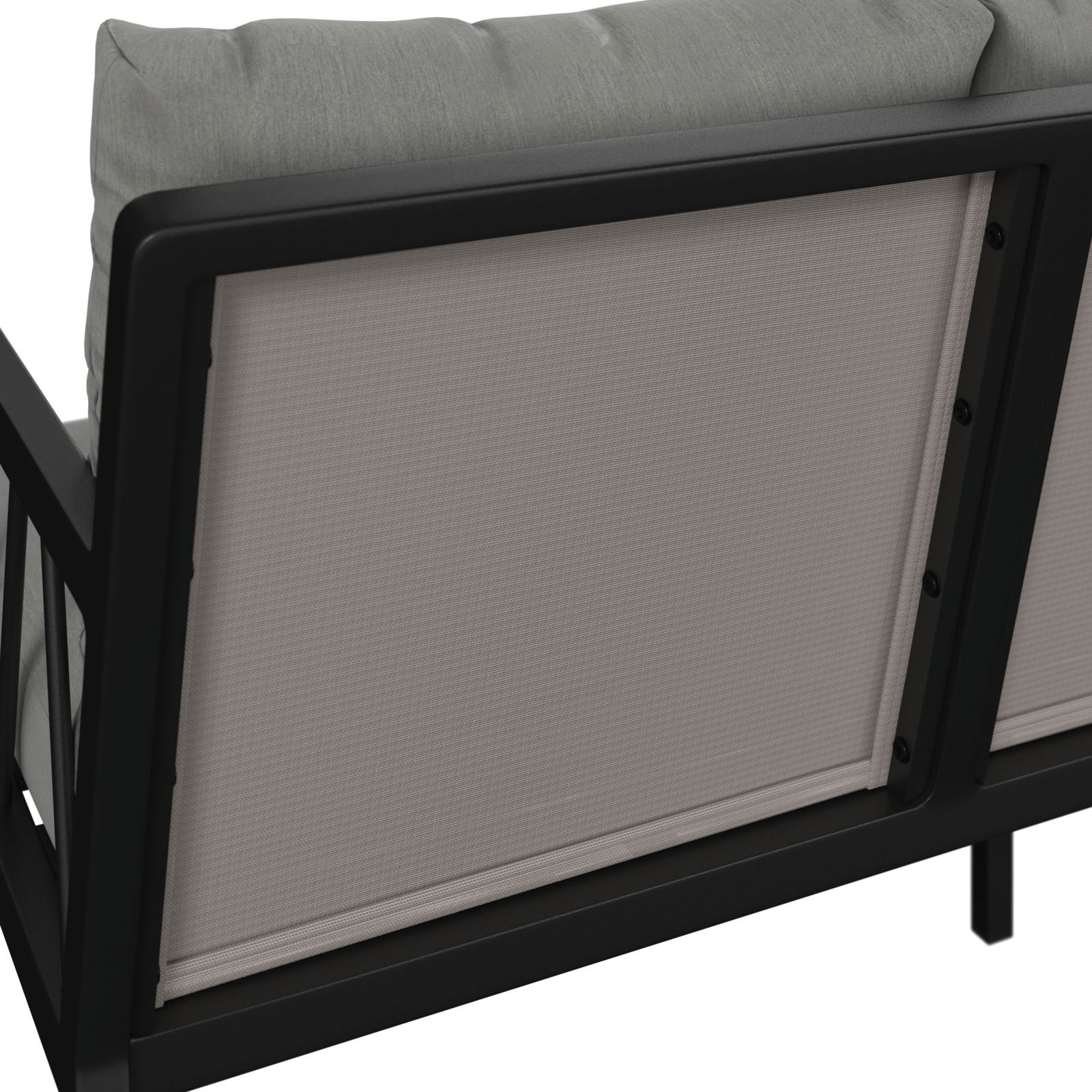 Rückansicht einer Gartenbank mit schwarzem Metallrahmen und grauen Polstern
