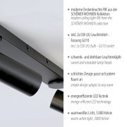 Moderne schwarze Deckenleuchte RIK aus der SCHÖNER WOHNEN Kollektion mit schwenk- und drehbaren Spotköpfen, Nahaufnahme aus leicht schräger Untersicht.