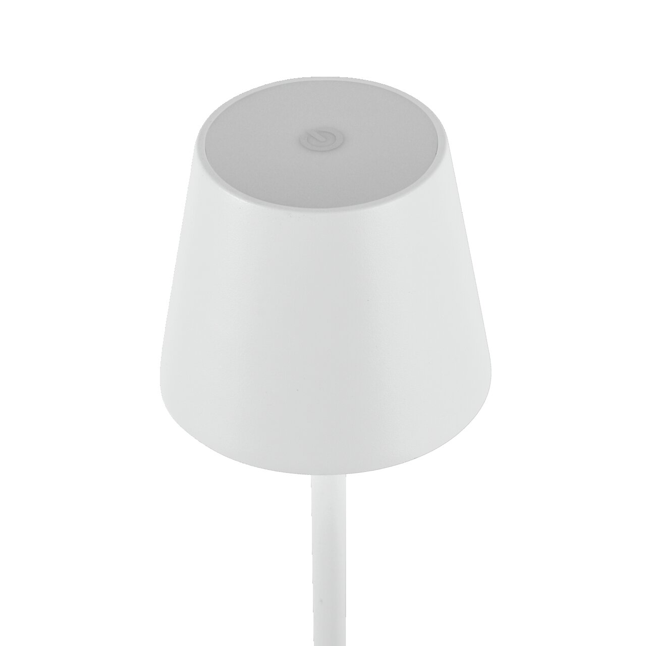 Weiße Akku-Tischleuchte EURIA aus der Vogelperspektive mit rundem Schirm und Touch-Schalter oben.