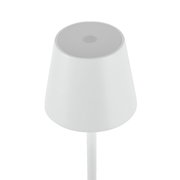 Weiße Akku-Tischleuchte EURIA aus der Vogelperspektive mit rundem Schirm und Touch-Schalter oben.