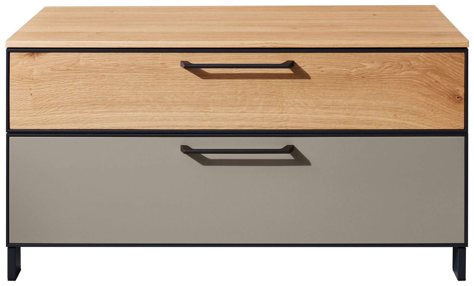 Garderobenbank mit Holz- und Metallelementen, Frontansicht