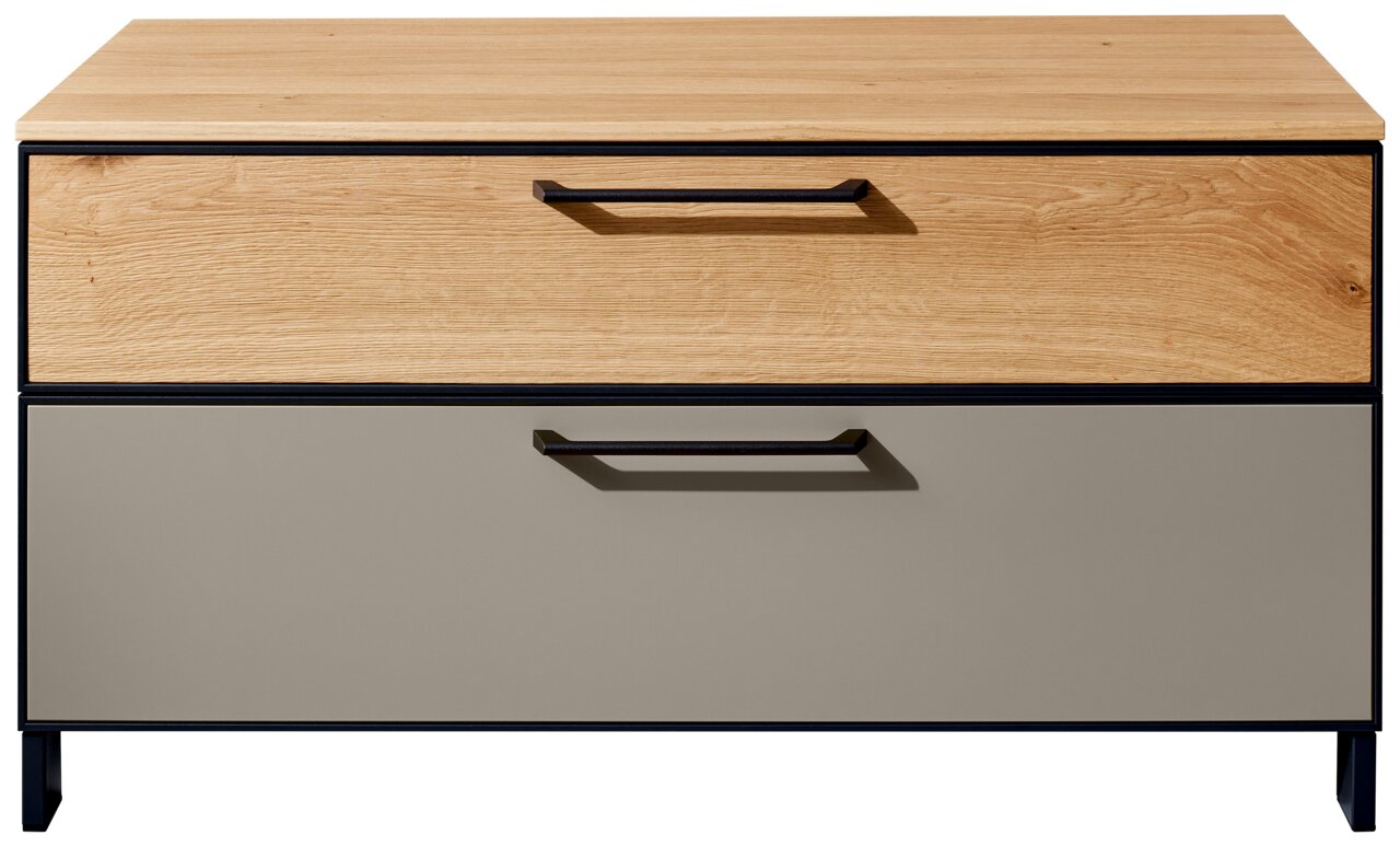 Garderobenbank mit Holz- und Metallelementen, Frontansicht