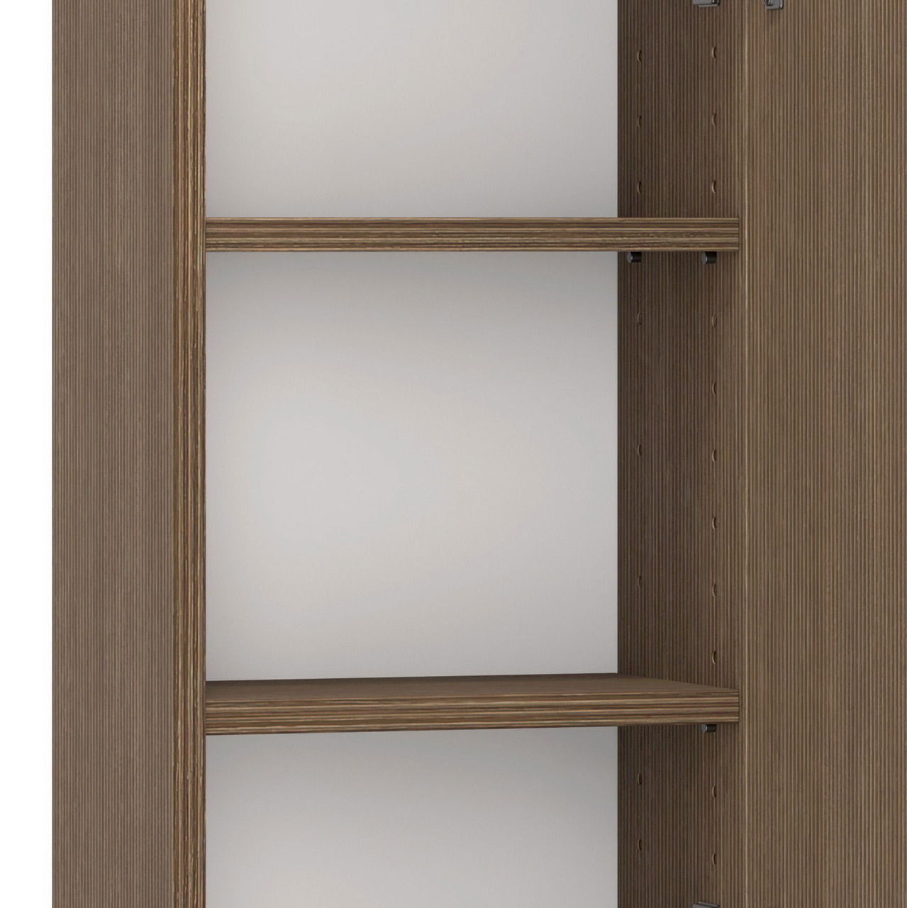 Nahaufnahme eines Hängeschranks mit zwei Regalböden in Holzoptik, seitliche Perspektive