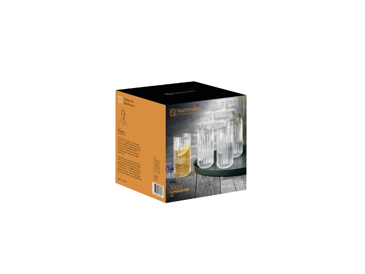 Verpackung des Longdrinkgläser-Sets 'Jules' mit vier Gläsern, seitliche Perspektive