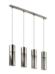 Moderne Hängeleuchte mit vier zylindrischen Lampenschirmen aus Metall und Glas, seitliche Perspektive.