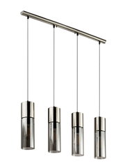 Moderne Hängeleuchte mit vier zylindrischen Lampenschirmen aus Metall und Glas, seitliche Perspektive.