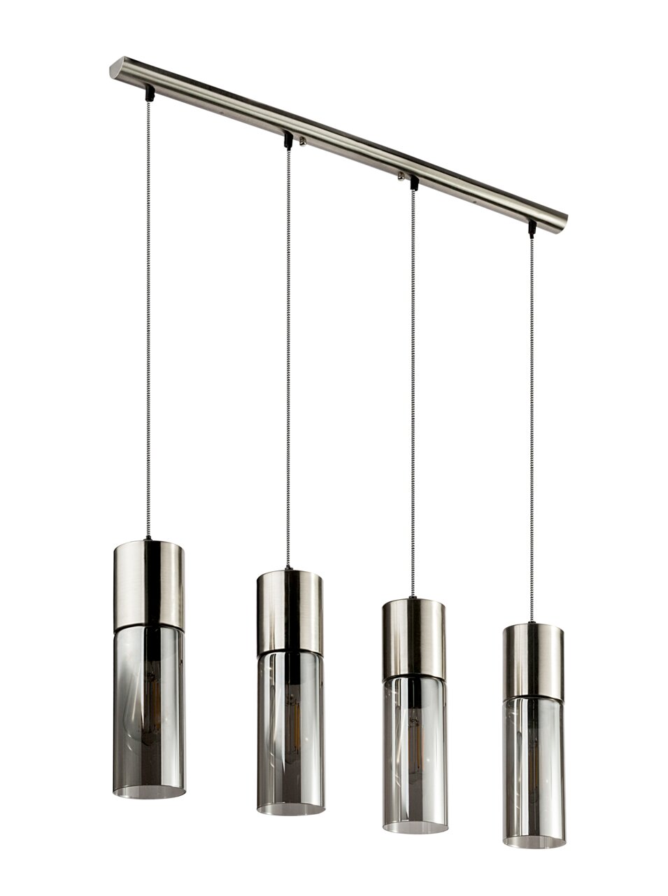 Moderne Hängeleuchte mit vier zylindrischen Lampenschirmen aus Metall und Glas, seitliche Perspektive.