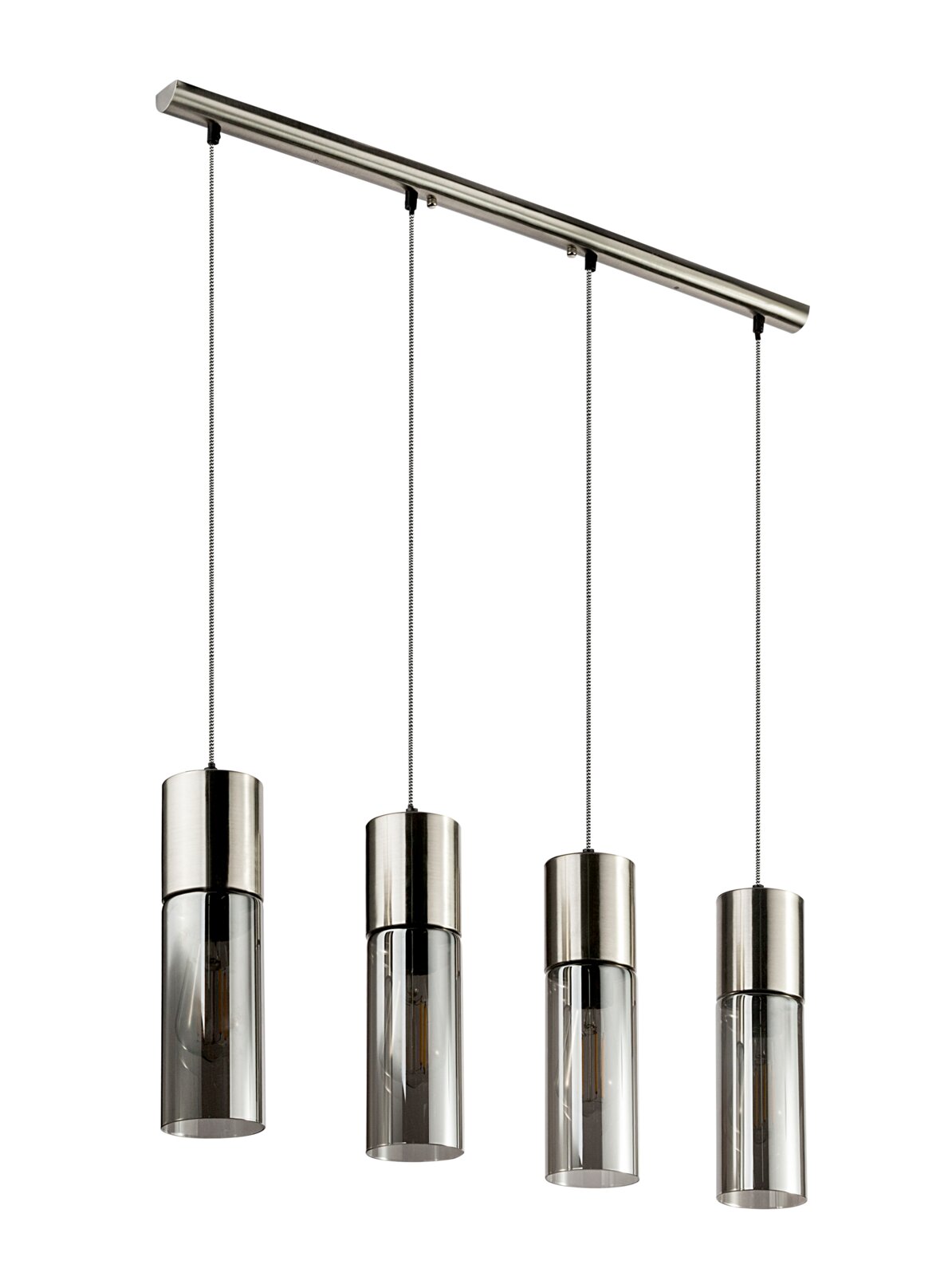 Moderne Hängeleuchte mit vier zylindrischen Lampenschirmen aus Metall und Glas, seitliche Perspektive.