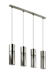Moderne Hängeleuchte mit vier zylindrischen Lampenschirmen aus Metall und Glas, seitliche Perspektive.